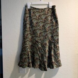 LOFT Olive Green Floral A-Line Midi Skirt